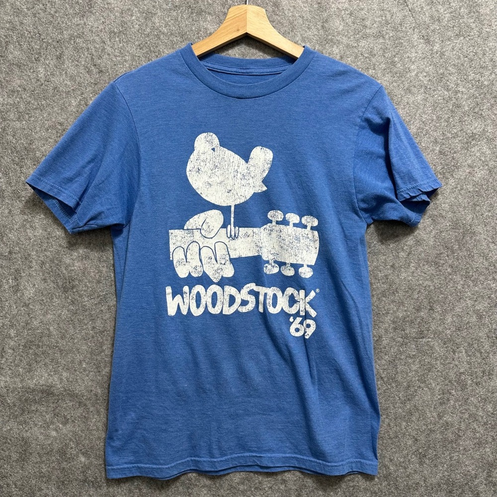 Woodstock Graphic Tee Mens Small Blue 69 Music Festival Bird Guitar Short Sleeve